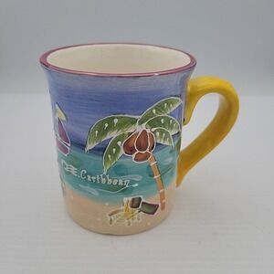 Vintage coffee mug souvenir with Caribbean stylized beach scenes